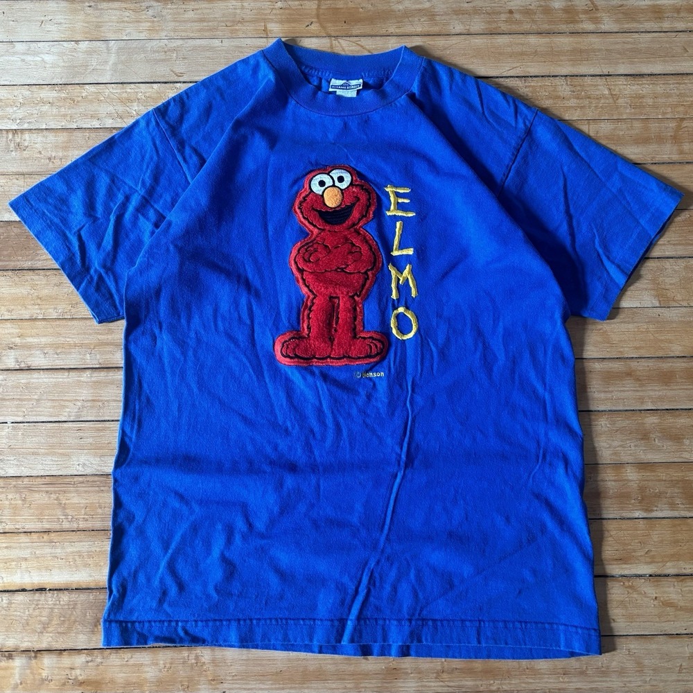 VTG 90s Sesame Street Elmo T-Shirt Embroidered Spellout Size L Single Stitch USA
